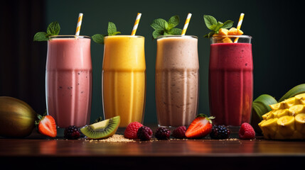 Fruit smoothies with banana, strawberry, blackberry, and raspberry