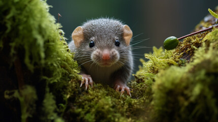 Pygmy shrew is hiding  in the moss