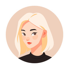 Vector illustration of blonde hair woman portrait in casual clothes on white background. Flat cartoon or comic style. Circle shape. Friendly facial expression. Female character face in round frame.