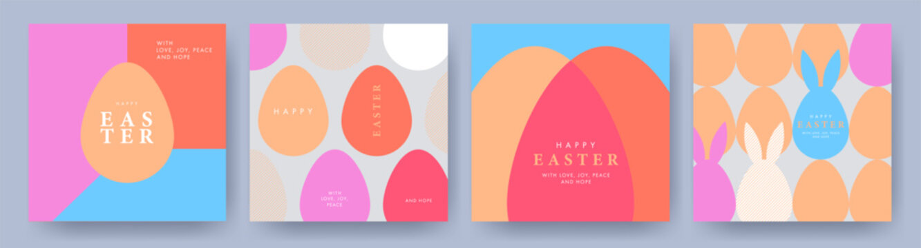 Happy Easter set of cards, posters or covers in modern minimalist style with geometric shapes, eggs and rabbit ears. Trendy cute templates for social media ads, branding, congrats, or invitations