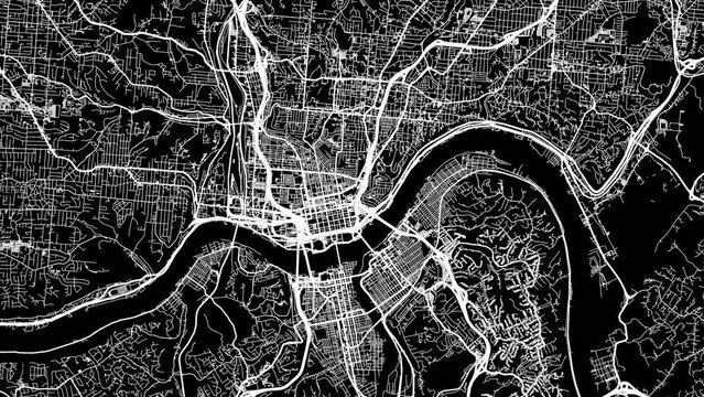 Zoom Out Road Map of Cincinnati Ohio with white roads on a black background