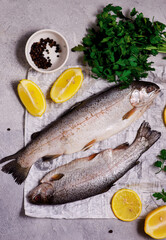 Fresh, raw rainbow trout for cooking. top view.