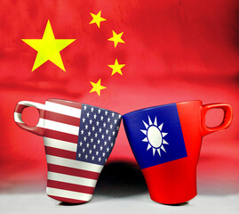 The American flag, Taiwanese flag and physical mugs have been exposed multiple times. A conversation between two parties that serves as a background or background. Double exposure creative hologram.