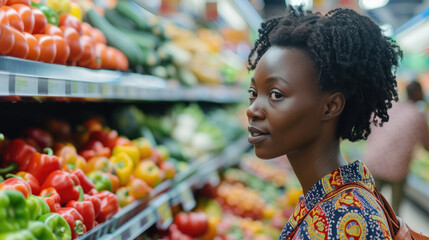 Radiant Shopper: African Woman Smiles as She Navigates Supermarket Aisles, Carefully Selecting Groceries and Healthy Options. Capturing the Joy of Shopping for Quality Food in the Mall - obrazy, fototapety, plakaty