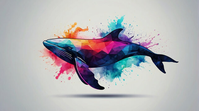 Minimalist Neon Line Whale Logo with Geometric Design, Vibrant Smoke Effects White Background with t-shirt design ai art