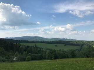 Fototapeta na wymiar beautiful background of the Czech landscape, Rychlebská mountains, Jeseniky, spring nature
