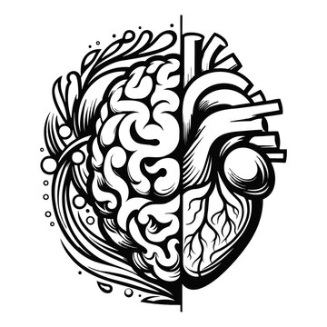 Human brain and heart half's, creative concept, vector illustration.