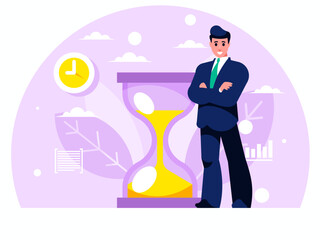 Time saving concept. Businessman stands with arms crossed on chest. Standing confident man in a suit and tie. Background with hourglass and leaves. Vector graphics
