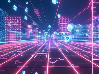 Futuristic Neon Cityscape with Fragmented Icons