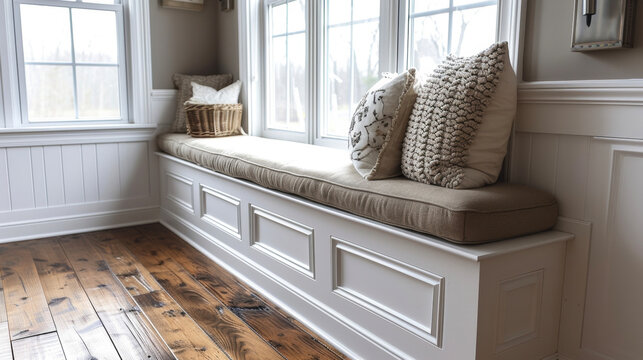 A series of photos detailing the process of constructing a custom window seat from measuring and ting to adding decorative trim and cushioning.