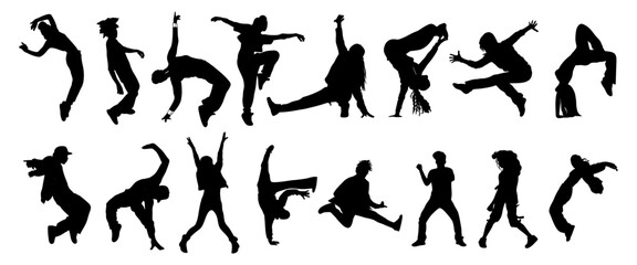 Dancing people silhouettes. Teenager dancers hip hop, breakdance outline vector drawing isolated on transparent background. Young cool girl and boy dancing street dance. 