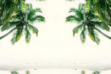 A picturesque tropical paradise with vibrant coconut palms dancing along a sandy shoreline. Concept Tropical Paradise, Coconut Palms, Sandy Shoreline, Vibrant Colors, Dancing Palm Trees