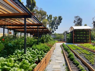 Fototapeta na wymiar Lush Outdoor Vegetable Garden and Hydroponic Greenhouse