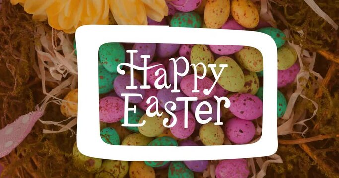 Animation of happy easter text over colourful easter eggs