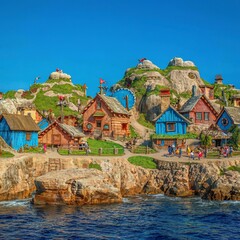 Popeye Village was used as the set for Robert Altma's movie Popeye and is now in use as an amusement park. - obrazy, fototapety, plakaty