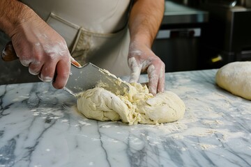 baker using a dough scraper to divide dough on marble surface - obrazy, fototapety, plakaty