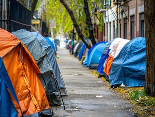 Urban Tent Encampments Lining City Sidewalk