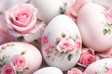 Composition of painted Easter eggs and pink roses . Gentle, spring Easter background.