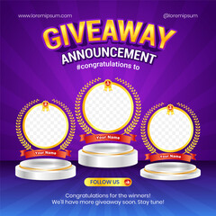 Giveaway winner announcement social media post banner template with 3d element