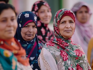 Group of Women in Colorful Headscarves Standing Together