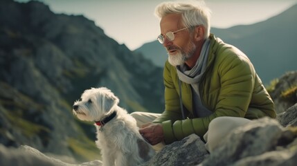 Mature gray haired man spending time outdoors with his small cute Jack Russell Terrier in mountain nature.