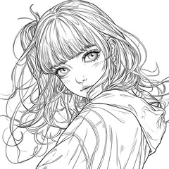 Beautiful Anime girl with long hair.Vector illustration . Coloring page, coloring book.