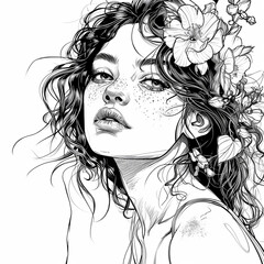 Beautiful girl with flowers in her hair. Hand-drawn illustration. Coloring page, coloring book.