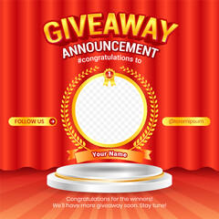 Giveaway winner announcement social media post banner template with 3d element - obrazy, fototapety, plakaty