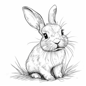 Rabbit on the grass. Hand drawn sketch. Vector illustration. Coloring page, coloring book.