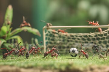 A group of ants actively engaging with a soccer ball, displaying their playful nature and teamwork.