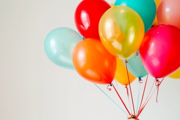brightly colored balloons in block colors held by person on white