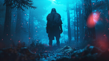 Immerse the audience in an otherworldly experience with a wide shot of a Viking warrior in neon sfumato - obrazy, fototapety, plakaty