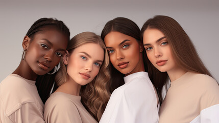 Obraz premium Beautiful smiling diverse female models with different skin tones in white and cream colored clothes standing on pastel studio background