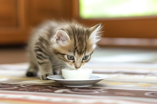 kitten licking milk from a small saucer