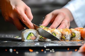 closeup of chefs hands cutting sushi with a knife