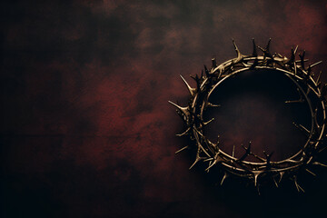 Crown of thorns with long spikes on dark red background, top view, symbol of Good Friday, Easter concept banner, crucifixion and resurrection, space for text - obrazy, fototapety, plakaty
