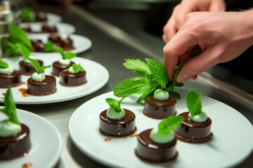 individual placing mint leaves as garnish on chocolate desserts - obrazy, fototapety, plakaty