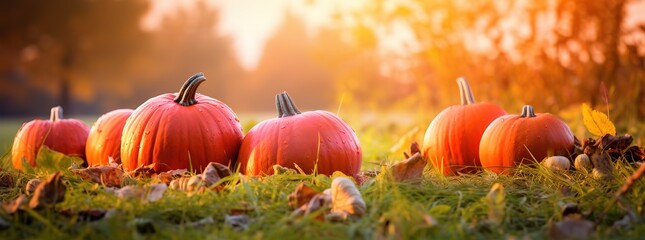 pumpkins on green grass, pumpkins that are ready to be harvested in the blurry light of the rising sun - obrazy, fototapety, plakaty