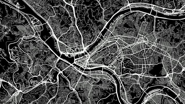 Zoom Out Road Map of Pittsburgh Pennsylvania with white roads on a black background