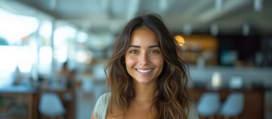 portrait of a smiling young Latina woman teacher looking at the camera