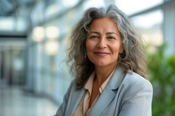 portrait of a senor businesswoman with gray hair and arms crossed on a office building 