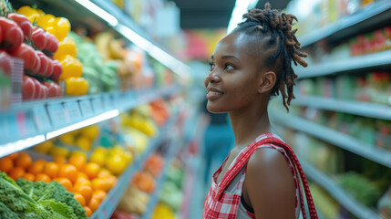 Radiant Shopper: African Woman Smiles as She Navigates Supermarket Aisles, Carefully Selecting Groceries and Healthy Options. Capturing the Joy of Shopping for Quality Food in the Mall