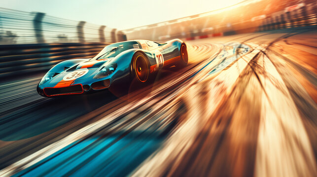 Vintage Race Car Speeding on Track at Golden Hour