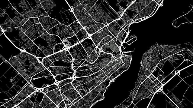 Zoom Out Road Map of Quebec City Canada with white roads on a black background
