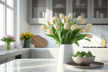 Bouquet of tulips in a vase on the kitchen table. Light spring style. Generative ai