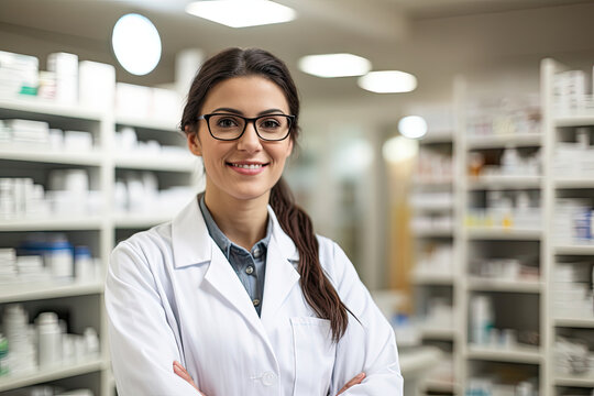 Portrait of smiling female pharmacist worker in drugstore wearing white shirt with background cabinet containing medicines in bright pharmacy created with Generative AI Technology