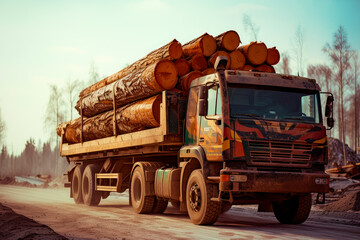 A logging truck carrying timber. Wood industry.