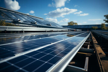 Solar panels on the sky background. Solar power plant. Blue solar panels. Alternative source of electricity. Solar farm.