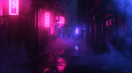 Neon lights flicker in the night smog