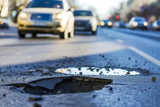 pothole on busy street, cars swerving around